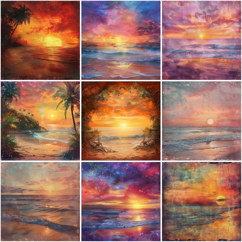 Puede incluir: Un collage de nueve im&aacute;genes que representan diferentes escenas de puesta de sol sobre el oc&eacute;ano. Cada imagen presenta una paleta de colores y un estilo diferente, algunas mostrando palmeras, playas de arena y olas rompiendo.