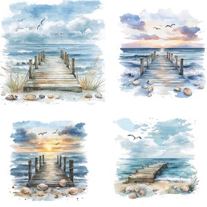 May include: Four watercolor paintings of seascapes with wooden piers extending into the ocean. Each painting features a different sky and water color, with a few seagulls flying overhead. The piers are made of weathered wood and have a rustic charm. The paintings are perfect for adding a touch of coastal beauty to any home.