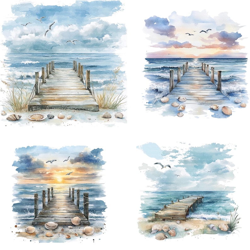 May include: Four watercolor paintings of seascapes with wooden piers extending into the ocean. Each painting features a different sky and water color, with a few seagulls flying overhead. The piers are made of weathered wood and have a rustic charm. The paintings are perfect for adding a touch of coastal beauty to any home.