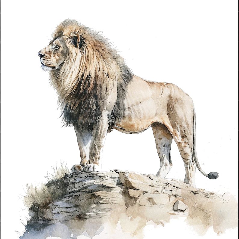 K&ouml;nnte beinhalten: Ein Aquarellbild eines majest&auml;tischen L&ouml;wen, der auf einem felsigen Vorsprung steht. Der L&ouml;we hat eine dicke M&auml;hne und blickt nach links. Der Hintergrund ist ein wei&szlig;er Aquarell-Wasch.