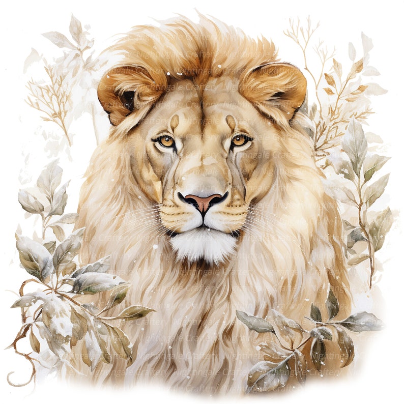 May include: A watercolor painting of a lion's face with a white background. The lion has a thick mane and a serious expression. The background features delicate, snow-covered branches.