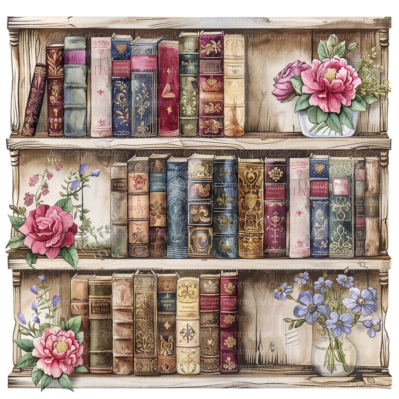 May include: A vintage-style wooden bookshelf with three shelves filled with antique books. The shelves are decorated with floral arrangements in vases, including pink roses and blue flowers.