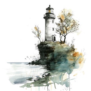 May include: A watercolor painting of a lighthouse on a rocky cliff overlooking a body of water. The lighthouse is white with a black roof and a light on top. The cliff is covered in green and brown foliage. The water is a light blue color.