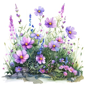 11 Clipart de parterre de fleurs sauvages violettes, Floral, clipart aquarelle imprimable, fichiers JPG de haute qualité, téléchargement numérique, créations en papier, journal indésirable