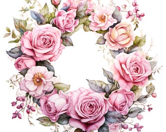 10 Roses Wreath Clipart, Pink Roses Wreath Clipart, Roses Decor, Printable Watercolor clipart, Digital download, Paper craft, junk journals