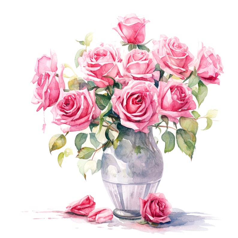 10 Roses in Vase Clipart, Pink Roses, Printable Watercolor Clipart ...