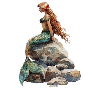 8 Watercolor Mermaid Clipart, Mermaid On Stone, Printable Watercolor clipart, High Quality PNGs, Digital download, Paper craft, junk journal image 5