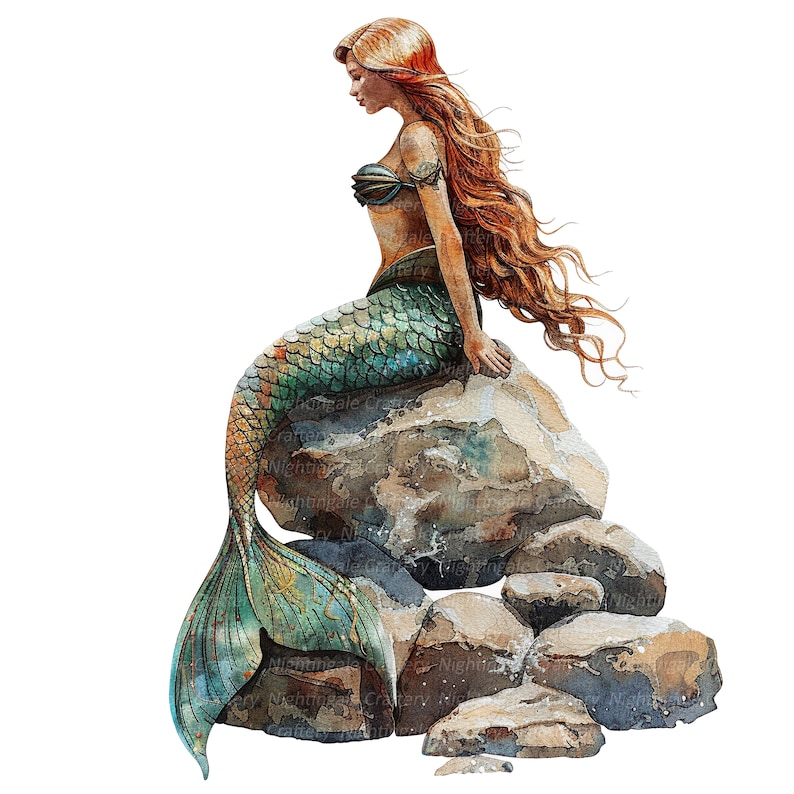 8 Watercolor Mermaid Clipart, Mermaid On Stone, Printable Watercolor clipart, High Quality PNGs, Digital download, Paper craft, junk journal image 5