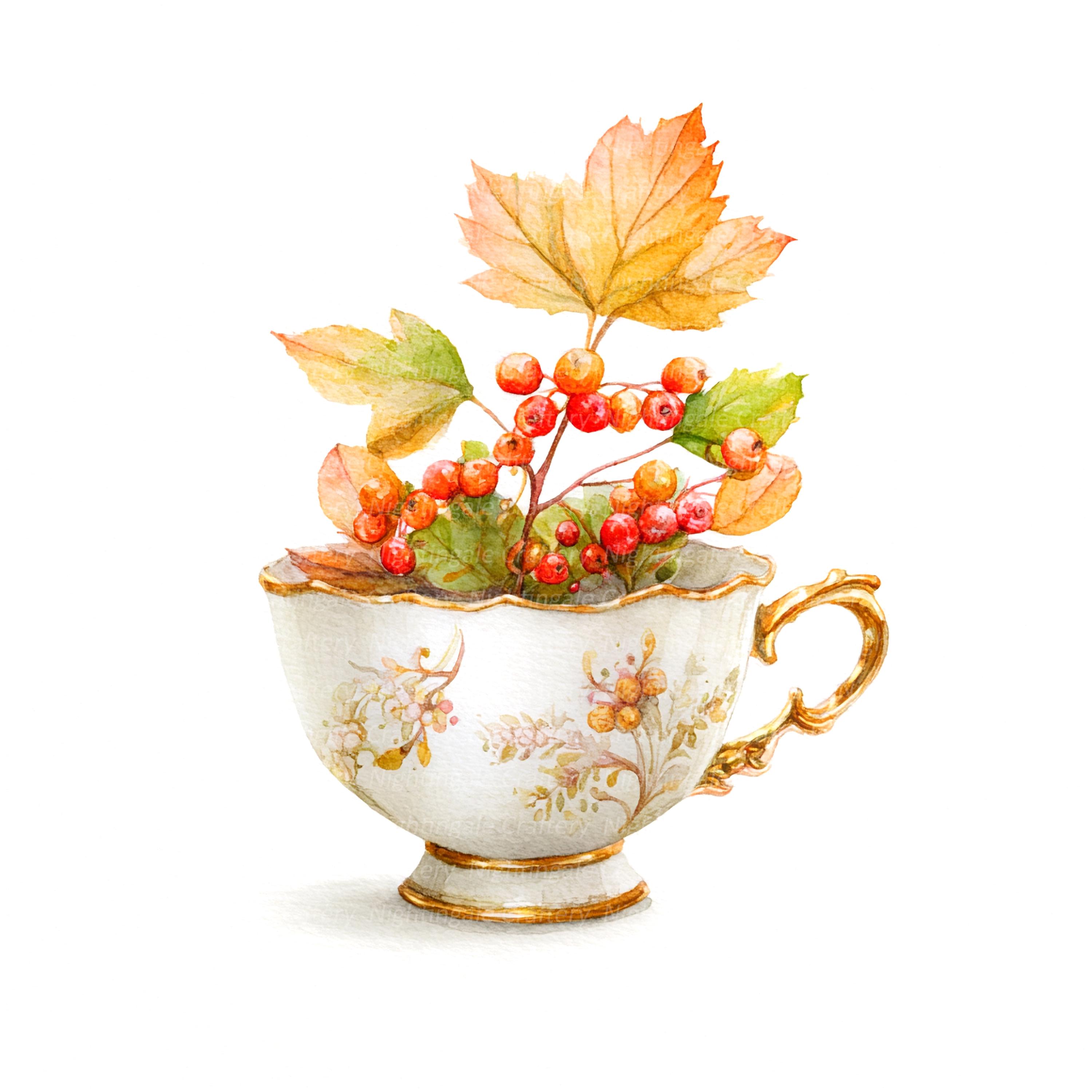12 Autumn Tea Cup Clipart, Autumn Design, Printable Watercolor Clipart ...