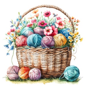 Könnte beinhalten: Ein Weidenkorb, der überquillt mit bunten Wollknäueln und einer Vielzahl von Blumen. Der Korb ist von zusätzlichen Wollknäueln auf einer grünen Grasfläche umgeben.
