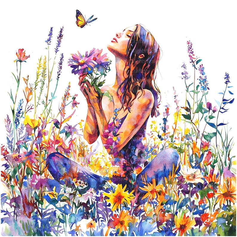 16 Girl in Flowers Clipart, Floral Girl Meadow, Printable Watercolor ...
