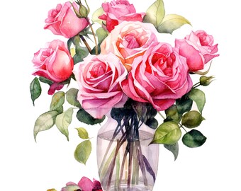 花瓶に入ったバラ10本のクリップアート、ピンクのバラ、印刷可能な水彩