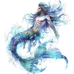 May include: A watercolor painting of a merman with long blue hair and a blue and green tail. He is surrounded by water and bubbles.