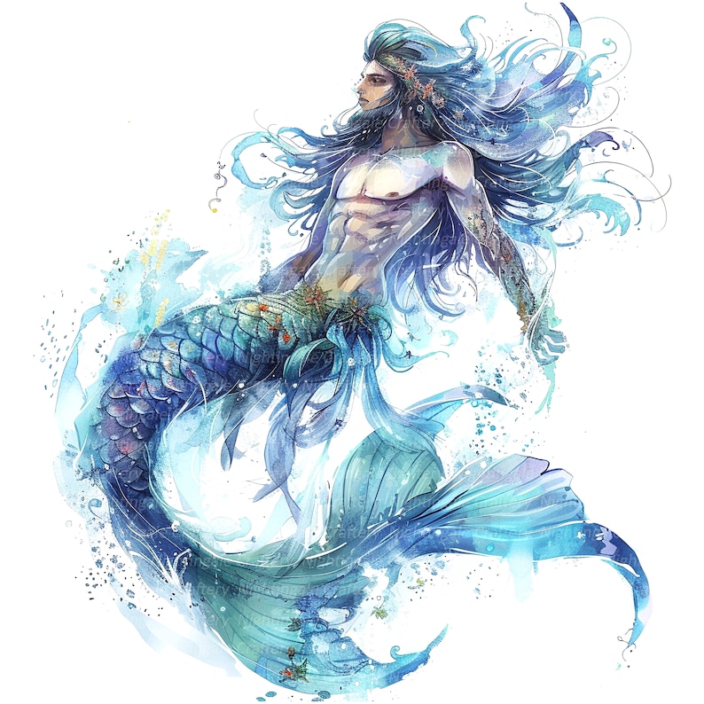 May include: A watercolor painting of a merman with long blue hair and a blue and green tail. He is surrounded by water and bubbles.