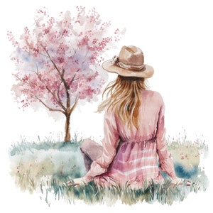 12 Frau im Frühling Clipart, Blumenpark, druckbare Aquarell Clipart, hochwertige JPGs, digitaler Download, Papiermodell, Junk Journals