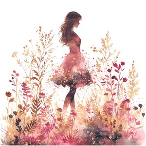 8 Clipart di donna floreale con il mignolo 2, fiori rosa, clipart acquerello stampabile, PNG di alta qualità, download digitale, diari spazzatura, lavoretti di carta
