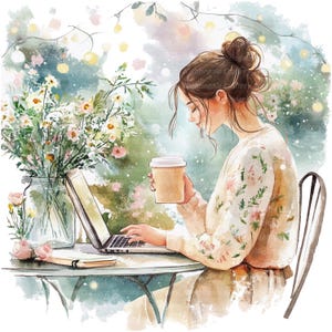 8 Clipart femme et ordinateur portable, femme et café, clipart aquarelle imprimable, fichiers JPG de haute qualité, téléchargement numérique, sublimation, journaux indésirables
