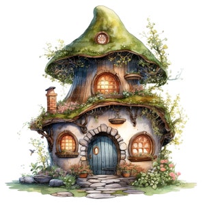18 Clipart di case delle fate, clipart acquerello stampabile, 18 JPG di alta qualità, download digitale, alta risoluzione, carta artigianale, diari spazzatura