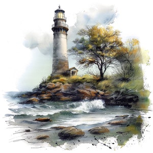 May include: A watercolor painting of a lighthouse on a rocky shore with a tree in the foreground. The lighthouse is white with a black roof and a light on top. The water is blue and green and there are waves crashing on the shore.
