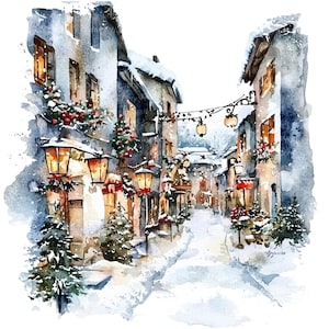 10 Gemütliche Straße Clipart, Weihnachtsstraße, Weihnachtskarte, druckbare Aquarell Clipart, hochwertige JPGs, digitaler Download, Papiermodell