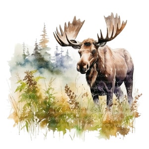 Elch im Wald Clipart, druckbare Aquarell Clipart, 10 hochwertige JPGs, digitaler Download, hohe Auflösung, Papierhandwerk, Junk Journals