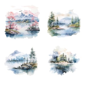 Puede incluir: Cuatro acuarelas que representan diferentes paisajes serenos con lagos, monta&ntilde;as y &aacute;rboles. Cada pintura presenta una escena tranquila con un enfoque en la naturaleza.