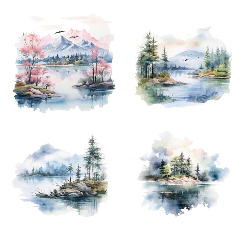 Puede incluir: Cuatro acuarelas que representan diferentes paisajes serenos con lagos, monta&ntilde;as y &aacute;rboles. Cada pintura presenta una escena tranquila con un enfoque en la naturaleza.