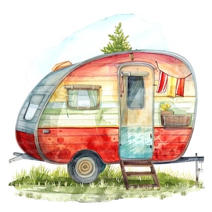 9 imágenes prediseñadas de tráiler de dibujos animados, tráiler de camping, imágenes prediseñadas de acuarela imprimibles, JPG de alta calidad, descarga digital, artesanía en papel, diario