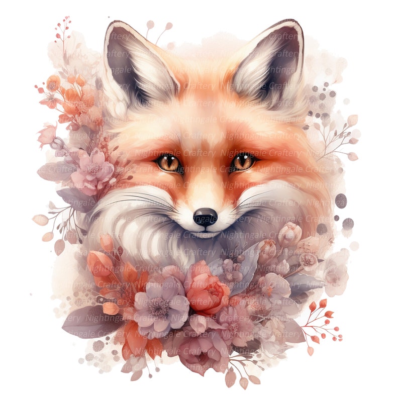 May include: A watercolor illustration of a red fox with a white chest and a fluffy tail. The fox is surrounded by pink, white, and orange flowers. The background is a soft, watercolor wash of pink and blue.