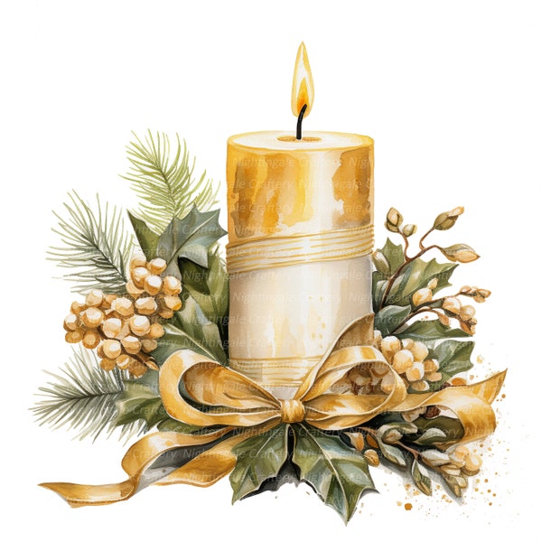 12 Christmas Candle Clipart, Golden theme Candles Clipart, Printable Watercolor clipart, High Quality JPGs, Digital download, Paper craft