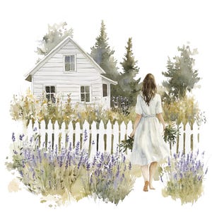 10 imágenes prediseñadas de mujer en el jardín, niña con valla floral, imágenes prediseñadas de acuarela imprimibles, archivos JPG de alta calidad, descarga digital, manualidades de papel, diario basura