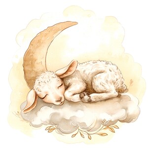 May include: A watercolor illustration of a white lamb sleeping on a cloud with a crescent moon behind it. The lamb is curled up with its head resting on its paws. The cloud is fluffy and white, and the moon is a soft yellow.