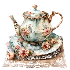 12 Vintage Teapot Clipart, Lace Clipart, Printable Watercolor clipart, High Quality JPGs, Digital download, Paper craft, junk journals