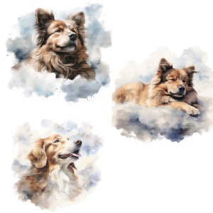 May include: Watercolor paintings of dogs in various poses. One dog is looking up, another is lying down, and the third is looking up with its tongue out. Each dog is surrounded by a soft, cloud-like background with blue and white hues.