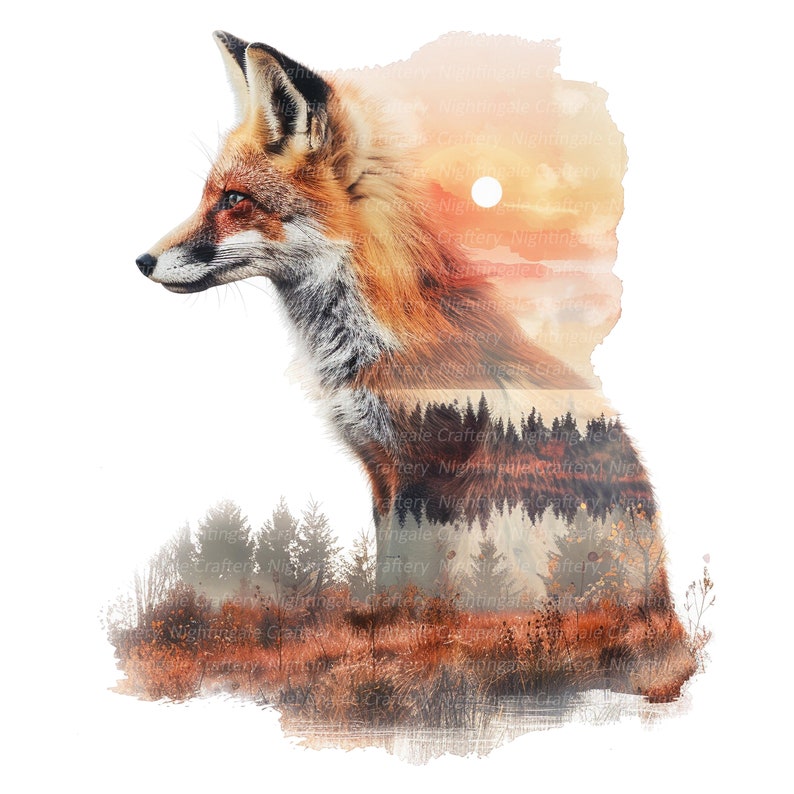 Pu&ograve; includere: Una volpe rossa con il petto bianco e il naso nero &egrave; in piedi in una foresta. La volpe guarda a sinistra. Lo sfondo &egrave; un dipinto ad acquerello di un tramonto con nuvole e alberi.