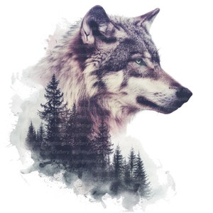 May include: A digital art print featuring a detailed wolf profile with piercing blue eyes. The wolf's fur is a mix of gray, brown, and white. Silhouetted pine trees and a misty watercolor effect overlay the wolf, creating a nature-inspired design.