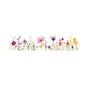 Peut inclure: Peinture &agrave; l'aquarelle d'un champ de fleurs sauvages dans des tons de rose, violet, jaune et vert.