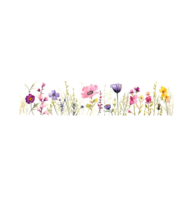 Peut inclure: Peinture &agrave; l'aquarelle d'un champ de fleurs sauvages dans des tons de rose, violet, jaune et vert.