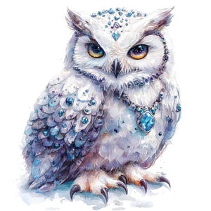 10 Jeweled Polar Owl Clipart, druckbare Eule, druckbare Aquarell Clipart, hohe Qualität PNG / JPG, digitaler Download, Papiermodell, Junk Journal