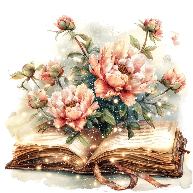 May include: An open antique book with aged pages and a brown leather cover.  A bouquet of pink peonies with green leaves and stems are arranged on top of the book.  The flowers are surrounded by a soft, white glow.
