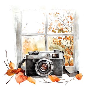 10 imágenes prediseñadas de cámara vintage, cámara de fotos de otoño, imágenes prediseñadas de acuarela imprimibles, JPG de alta calidad, descarga digital, manualidades de papel, diarios basura