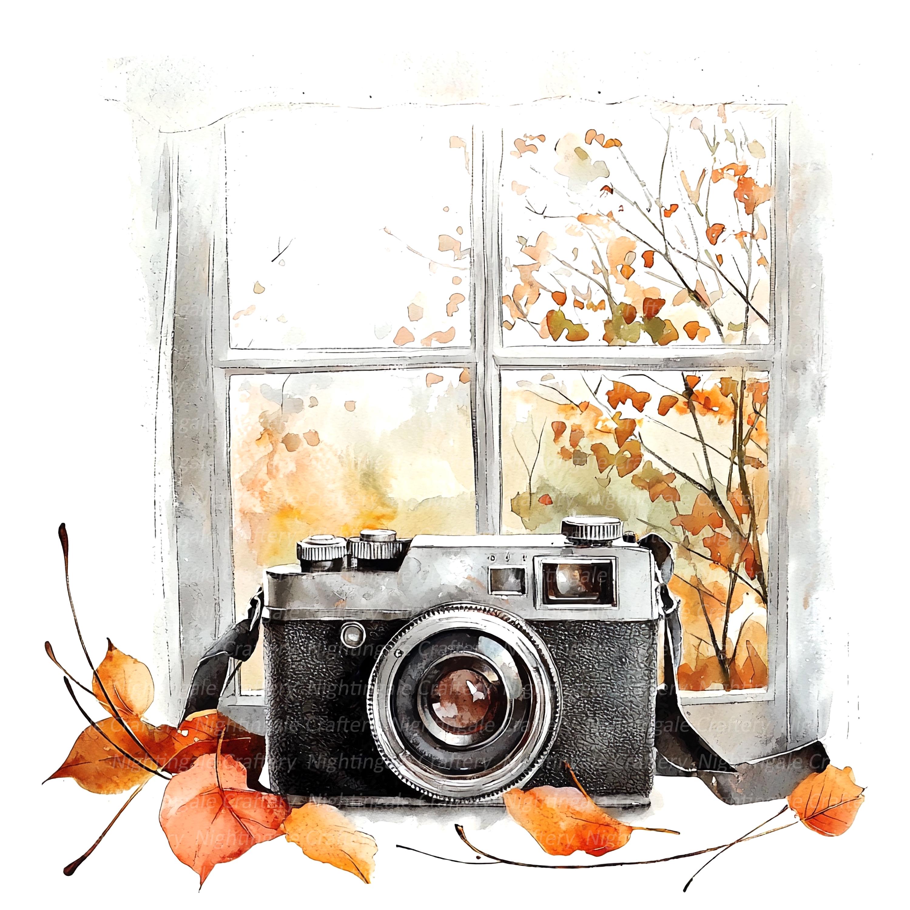 10 Vintage Camera Clipart, Autumn Photo camera, Printable Watercolor clipart, High Quality JPG, Digital download, Paper craft, junk journals
