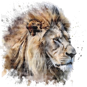K&ouml;nnte beinhalten: Ein Aquarellbild eines L&ouml;wenkopfes mit einer majest&auml;tischen M&auml;hne. Der L&ouml;we blickt nach rechts mit einem ernsten Ausdruck. Der Hintergrund ist ein sanftes Wei&szlig; mit braunen und grauen Spritzern.