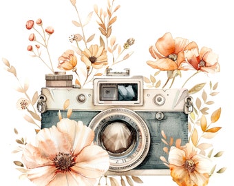 May include: A vintage camera with a blue lens and a silver body is surrounded by watercolor flowers in shades of orange, yellow, and brown.