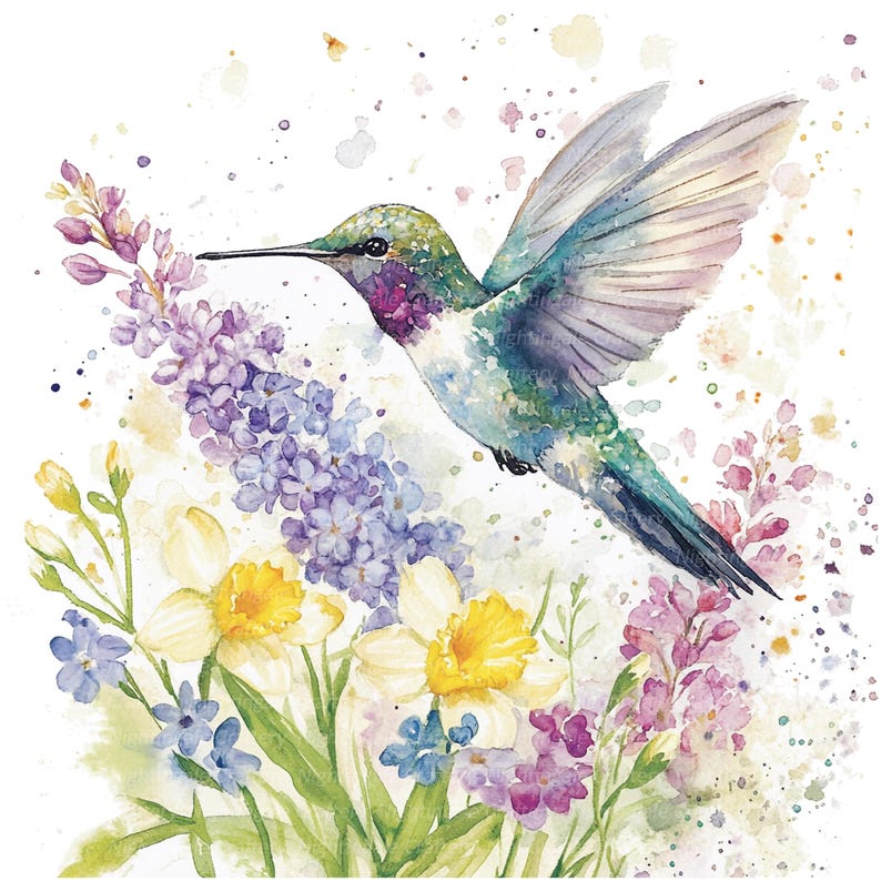 Puede incluir: Pintura acuarela de un colibr&iacute; en vuelo con flores moradas, amarillas y blancas. El colibr&iacute; es verde, azul y morado con un pico largo.
