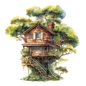 11 Clipart casa sull'albero, casa sull'albero delle fate, clipart acquerello stampabile, JPG di alta qualità, download digitale, alta risoluzione, artigianato con la carta