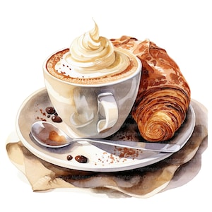 12 tasses à café, clipart croissant cappuccino, clipart aquarelle imprimable, PNG de haute qualité, téléchargement numérique, créations en papier, journaux indésirables