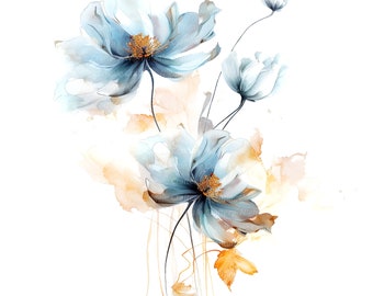 May include: Watercolor painting of blue flowers with yellow centers and brown stems on a white background.