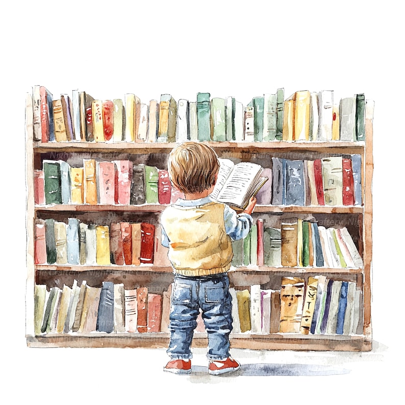 May include: A watercolor painting of a young person standing in front of a bookshelf filled with books. The person is holding a book open and looking at it. The bookshelf is made of wood and has multiple shelves. The books are of various colors and sizes.
