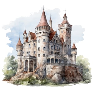 12 Medieval Castle Landscape Clipart, Printable Watercolor clipart, High Quality JPGs, Digital download, Paper craft, Junk Journals